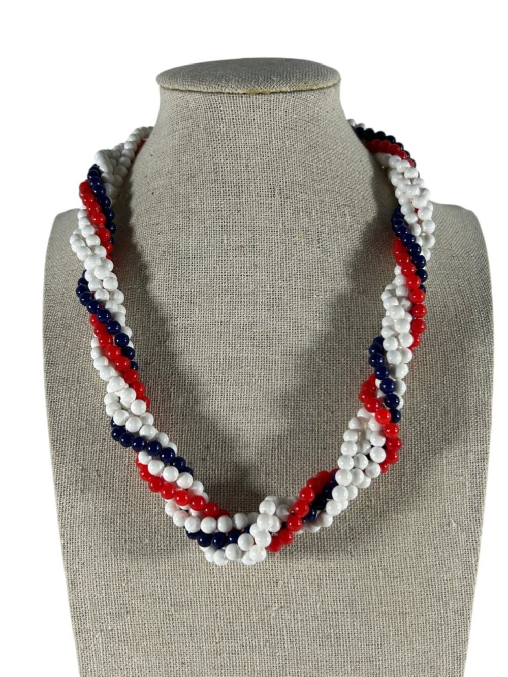 Red White Blue Twisted Multi Strand Beaded Necklace Patriotic Americana Retro